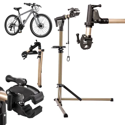Image de Support de montage pour vélo Relaxdays, hauteur réglable de 100 à 160 cm, pour cadres de 35 à 85 mm, avec support pour le guidon, jusqu'à 50 kg, couleur or, Image générée par une IA