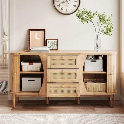 Produktbild von MODFU Sideboard Beistellschrank mit Schiebetüren,verstellbaren Einlegeböden und abgerundeter Platte,Kommode mit Rattan,Natur