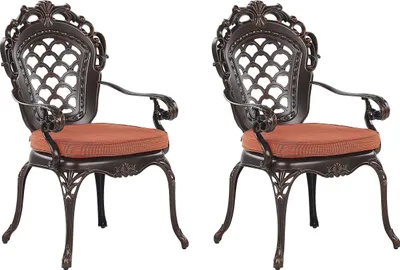 Two dark brown retro-style garden chairs with orange cushions are shown against a white background.