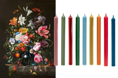 Image de Bougies longues Cactula – Lot de 9 – 28 cm – Nature morte florale du XVIIe siècle inspirée de Jan Davidsz. de Heem – Bougies au design artistique