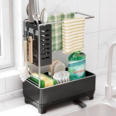 Productafbeelding van Spoelbakorganizer zwart, keukenorganizer met afvoerbakje en doekhouder, spoelbakaccessoires, borstel- en handdoekhouder