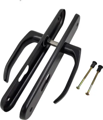 A pair of black door handles with two screws on a white background.
