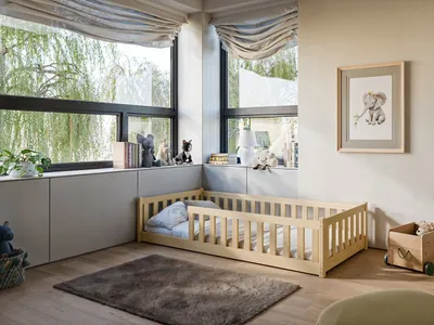 Obrázok produktu pre Detská posteľ podlahová posteľ 90x200 cm posteľ s ochranou proti vypadnutiu a lamelovým roštom Montessori posteľ Detská posteľ pre mládež jednolôžková posteľ | prírodné drevo chlapec dievča