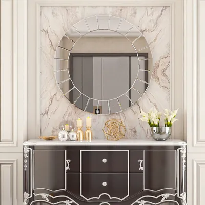 Produktbild von WISFOR Runder Spiegel 80cm, Modern Wandspiegel Dekospiegel mit Luxusdesign, Schminkspiegel Badspiegel Wohnzimmer Bad Flur, Glas