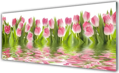 Imagen del producto de Panel de vidrio para la pared de la cocina, 125x50 cm, protector contra salpicaduras, con diseño de tulipanes y plantas
