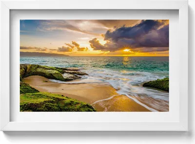 Produktbild von Strandufer bei Sonnenuntergang– Wandbild mit Rahmen – Gerahmtes Bild  – Wanddekoration – 30x20 cm –  Weiß Rahmen