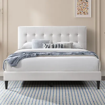 Obrázek produktu pro Čalouněná postel 140x200 a 160x200 cm dvoulůžko s roštem a měkkým potahem, rám postele, kazetové prošívání, 140x200 cm, béžová barva