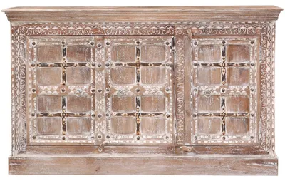 Produktbild von Marrakesch Boho Sideboard mit Türen aus Holz massiv 150cm groß als Wohnzimmer Möbel | Vintage Deko Kommode Komode Hira handgeschnitzt für stilvolle Aufbewahrung im Esszimmer & Schlafzimmer