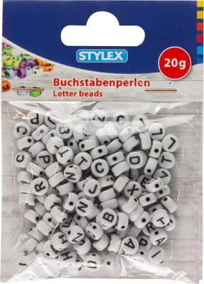 Produktbild von Buchstabenperlen weiß 20 g schwarze Buchstaben mit Loch