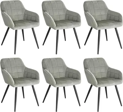 Six gray dining chairs are arranged in two rows of three against a white background.