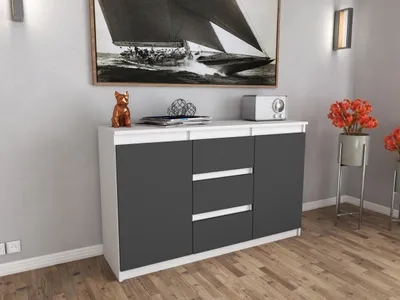 Zdjęcie produktu dla AZ team ® Duża Komoda z Szufladami BIAŁA ANTRACYT Szafka 120CM Bezuchwytowa do Salonu i Sypialni 2 drzwi 3 szuflady