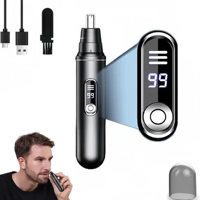 Obrázok produktu pre Elektrický zastrihávač fúzov s LED displejom, na zastrihávanie fúzov v ušiach a na nosu, nabíjanie cez USB, umývateľný, s dvojitým hrotom, čierny