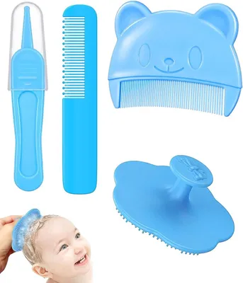Produktbild von Baby Haarbürste Set 3 Stücke, Milchschorf Kamm, blau, für Neugeborene