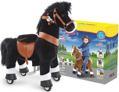 Produktbild von PonyCycle Reitpferd auf Rollen für Kinder 3-4 Jahre mit Bremse und sound/76cm Höhe Pony-Fahrradfahrt Schwarz Pferd Plüschtier Stofftier Ux326