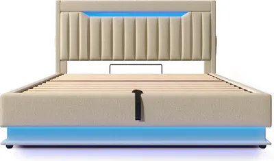 Produktbild von Polsterbett 140x200cm Ohne Matratze Jugendbett Beige Leinen Doppelbett Mit USB TypeC LED Beleuchtung Hydraulischem Stauraum Stauraumkopfteil