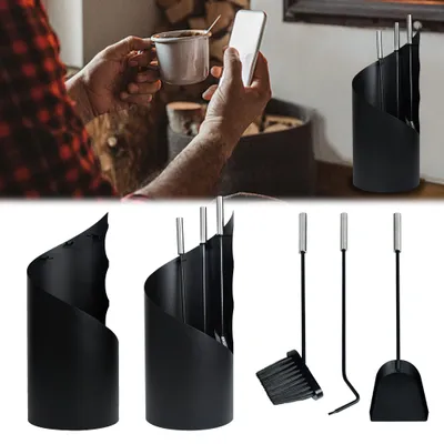 Produktbild von NAIZY 4‑teiliges Kaminbesteck‑Set, kippsicheres montagefreies Gestell zum Versetzen mit Kaminschaufel, Aschebesen, Schürhaken für Heimkamin, Schwarz