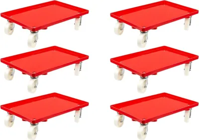Produktbild von SparSet 6x Transportroller für Euroboxen 60x40cm mit Kunststoffräder rot | Geschlossenes Deck | 2 Lenkrollen & 2 Bremsrollen | Traglast 300kg | Kistenroller Logistikroller Rollwagen Profi-Fahrgestell
