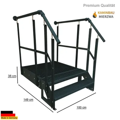 Produktbild von Podesttreppe Stahltreppe 2 Stufen Freistehend Höhe 38cm inklusive Podest 100x100cm mit Geländer Anthrazit Ausrichtung Treppe Vorne (Front) Außentreppe