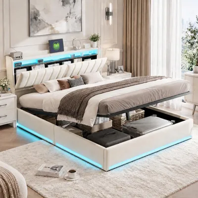 Image de INONEFT, lit hydraulique 140 x 190 cm, lit rembourré avec espace de rangement et éclairage LED, lit double avec ports USB et sommier à lattes, lit pour adolescents, en velours, couleur beige