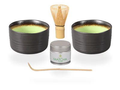 Produktbild von Matcha Set / Matchaset / 2x Matcha Schale 500ml anthrazit/grün, mit Besen/Löffel und Tee