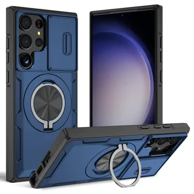 Produktbild von Magnetische Hülle für Samsung Galaxy S22 Ultra, Militär Stoßfest Handyhülle mit Kameraschutz und Ringhalter Ständer Blau