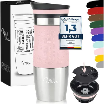 Produktbild von Milu Thermobecher Kaffee, 370ml Isolierbecher Kaffeebecher - 100% Auslaufsicher - Trinkbecher Edelstahl - Autobecher doppelwand Isolierung, Rosa