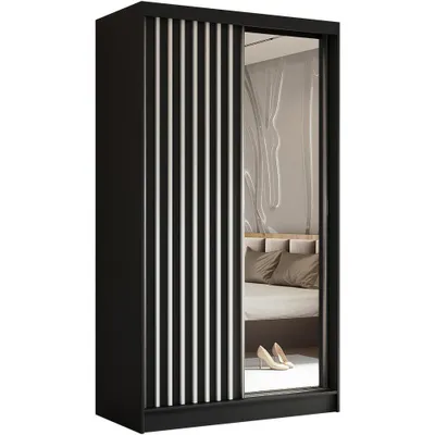 Produktbild von Schwebetürenschrank HELIX 120cm Schwarz/Weiß – 2-türig, Kleiderschrank mit Lamellen & Spiegel & Schiebetüren