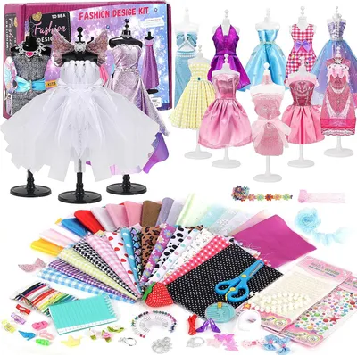 Produktbild von 1000+ Fashion Design Set, zum Entwerfen von Mode für Kinder, eine kreative Freizeitbeschäftigung, Bastelset, inklusive 5 Modepuppen, Accessoires und einem Skizzenbuch