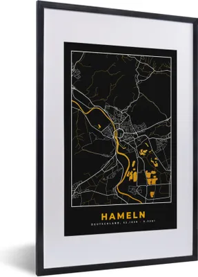 Produktbild von MuchoWow® Gerahmtes Poster Deutschland - Schwarz und Gold - Hameln - Stadtplan - Karte 40x60 cm - Poster mit Schwarzem Bilderrahmen Wandposter Rahmen Foto Bilder - Poster in Rahmen