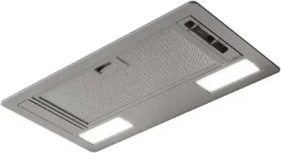 A silver range hood with integrated lights.