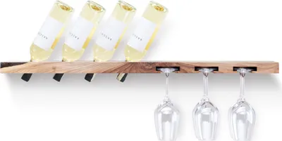Obrázok produktu pre Tu Las™ Drevený držiak na fľaše vína vrátane pohárov na víno a šampanské - 94 x 22 x 4 cm - plávajúci držiak na fľaše vína - na stenu - orechové drevo