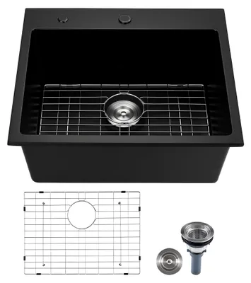 Produktbild von Granitspüle für Aufputzmontage (635 x 559 x 254 mm) im Landhausstil mit Zubehör, Spülbecken für Wohnmobile und Bars, schwarz