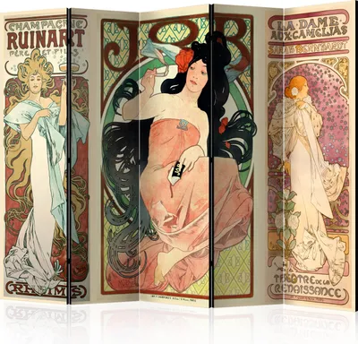 Produktbild von 5-teiliger Doppelseitiger Vlies Paravent - Alphonse Mucha. Women's II 225x172 cm Menschen h-B-0002-z-c