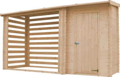 Produktbild von TIMBELA M205 - Drevený záhradný domček so stojanom na palivové drevo Š344xL146xV199 cm/ 3,64 m2