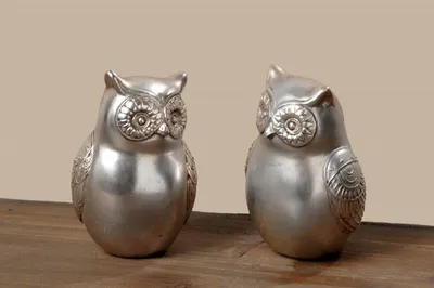 Produktbild von Dekofigur Eule Waldkauz 2 sortiert Polyresin silber H.8 cm Stückpreis