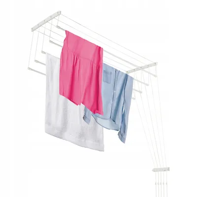 A ceiling-mounted clothes drying rack with laundry hanging on it.