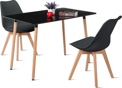 Image de HJ_WeDoo Ensemble de salle à manger en hêtre jambe Table de cuisine Ensemble de salon, montage facile, 2 chaises (noir) avec table à manger (noir) 110x70x73cm