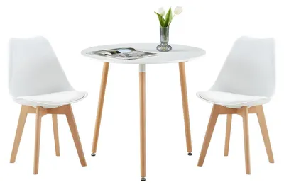 Productafbeelding van Eetset 3-delig: Ronde eettafel met 2 stoelen, wit, MDF/massief hout, 80x80x75 cm