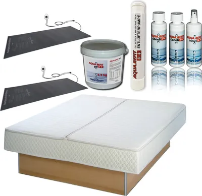 A collection of items related to a waterbed, including heating pads, a bucket of conditioner, a pump, and bottles of cleaning/conditioning solutions, all displayed around a waterbed.