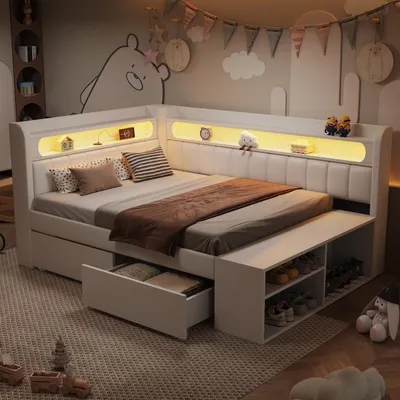 Zdjęcie produktu dla Tapicerowana rozkładana sofa 90 x 200 cm z gniazdem USB i listwą LED, w zestawie szafka na buty i dwie szuflady, kolor biały.