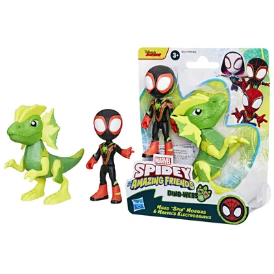 A toy action figure set featuring Spidey and a dinosaur, presented in its retail packaging.