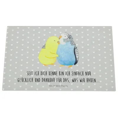 Produktbild von Mr. & Mrs. Panda Schneidebrett Glas Wellensittich Liebe - Grau Pastell - Geschenk, Schneideplatte, Freundin, glücklich, Aus, Verknallt, Schneidplatte, Schneidbrett