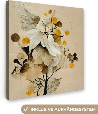 Produktbild von MuchoWow® - Leinwandbilder - Blumen - Pflanzen - Gold - Vintage, Wandbild, Wanddeko Bilder Wohnzimmer, 90x90 cm