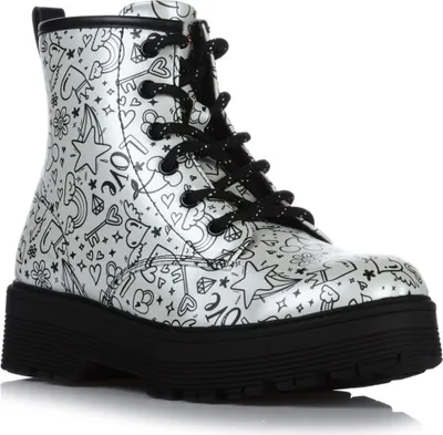 A single white boot with black laces and a black sole, covered in a black line-art pattern of various doodles like hearts, stars, keys, and flowers. The boot is shown from a slightly angled side view.