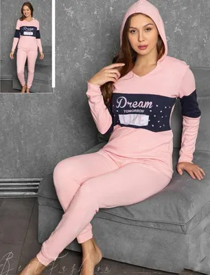 Immagine prodotto di Pigiama da donna con cappuccio, color salmone, taglia XL, completo a due pezzi, modello L-73