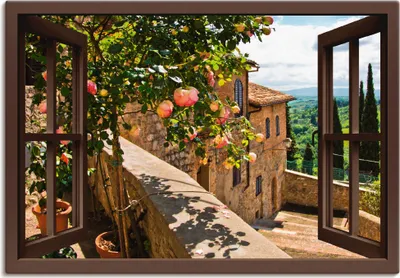 Produktbild von banepetkovic: Fensterblick - Rosen auf einem Balkon in San Gimignano, mit Toskanalandschaft im Hintergrund, Produkt:Leinwand, Größe (HxB):70x100 cm / Leinwand