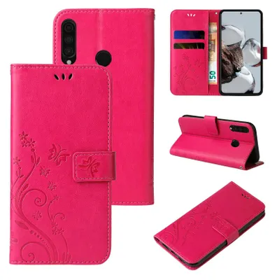 Produktbild von Handyhülle für Huawei P30 Lite Floral Blumen Schmetterling Flip Cover Hülle Case Klapphülle Handytasche Farbe: Pink