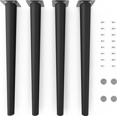 Four black table legs and hardware are arranged on a white background.