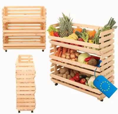 Produktbild von MODO24 Gemüseregal Holz, 3 Holzkisten, Kartoffelsteige, Obstregal, Rollenregal, Stapelbar, Vorratsregal, Massivholz Kiefer, 81x77x30 cm, Natur, RAWA