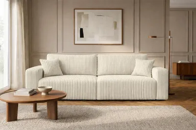 Zdjęcie produktu dla Sofa z funkcją spania i pojemnikiem, tkanina sztruksowa Tilia, Ecru, BEST SCORNER